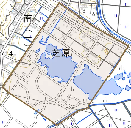 芝原とその周辺の地図。町の範囲を重ねている