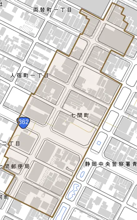 七間町とその周辺の地図。町の範囲を重ねている