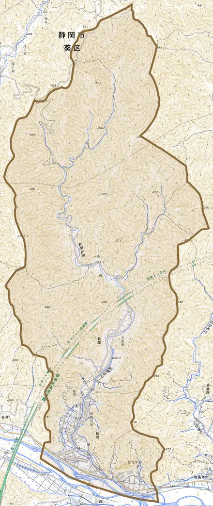 新間とその周辺の地図。町の範囲を重ねている