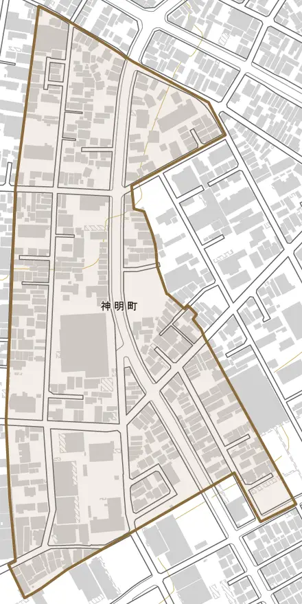 神明町とその周辺の地図。町の範囲を重ねている