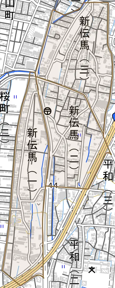 新伝馬とその周辺の地図。町の範囲を重ねている