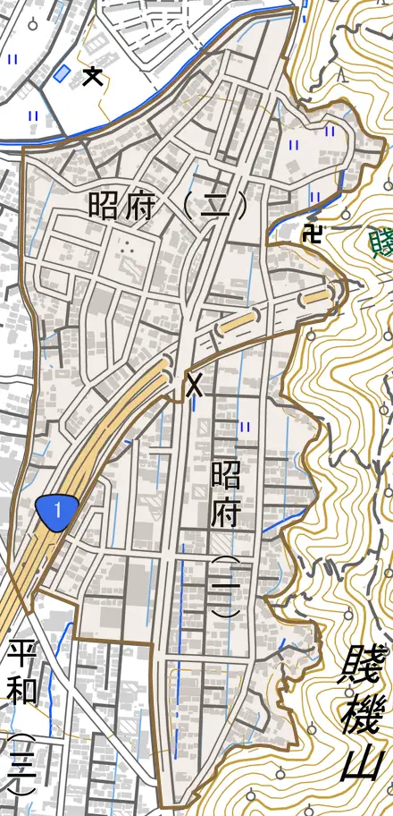 昭府とその周辺の地図。町の範囲を重ねている