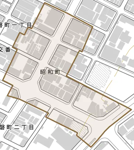 昭和町とその周辺の地図。町の範囲を重ねている