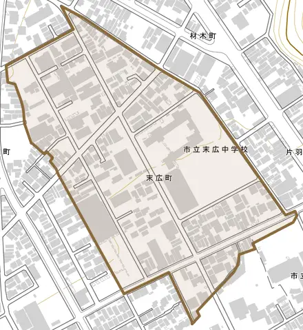末広町とその周辺の地図。町の範囲を重ねている