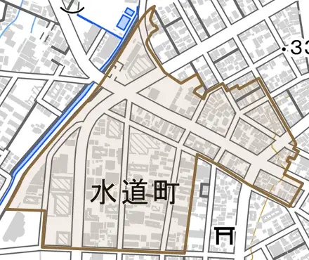 水道町とその周辺の地図。町の範囲を重ねている