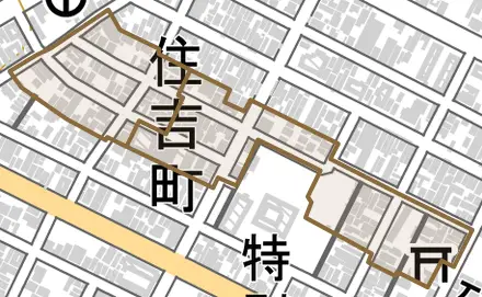 住吉町とその周辺の地図。町の範囲を重ねている