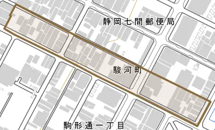 駿河町とその周辺の地図。町の範囲を重ねている