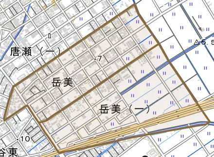 岳美とその周辺の地図。町の範囲を重ねている