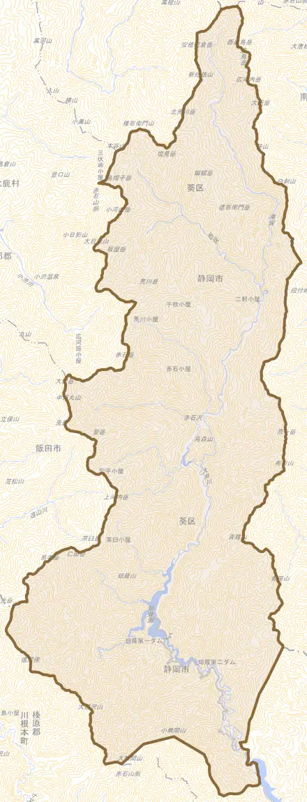 田代とその周辺の地図。町の範囲を重ねている