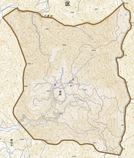 俵峰とその周辺の地図。町の範囲を重ねている
