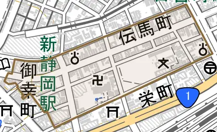 伝馬町とその周辺の地図。町の範囲を重ねている