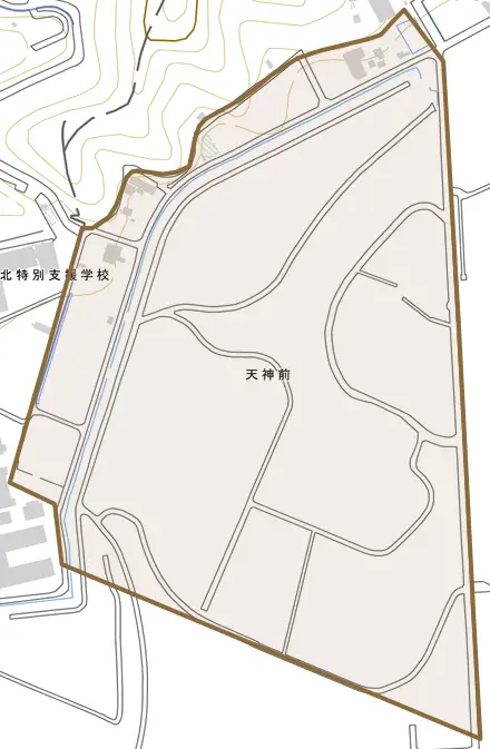 天神前とその周辺の地図。町の範囲を重ねている