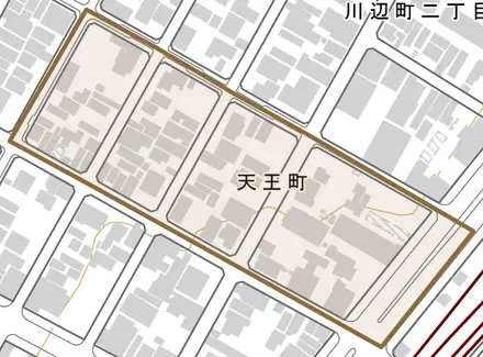 天王町とその周辺の地図。町の範囲を重ねている