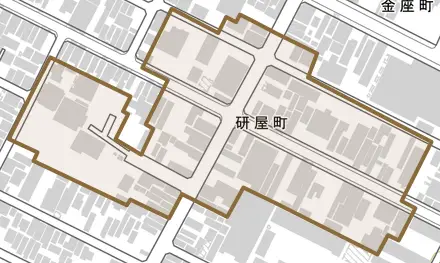 研屋町とその周辺の地図。町の範囲を重ねている