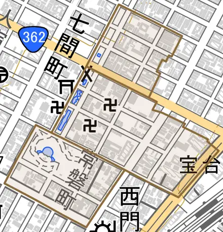 常磐町とその周辺の地図。町の範囲を重ねている