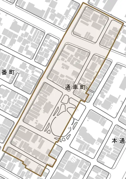 通車町とその周辺の地図。町の範囲を重ねている