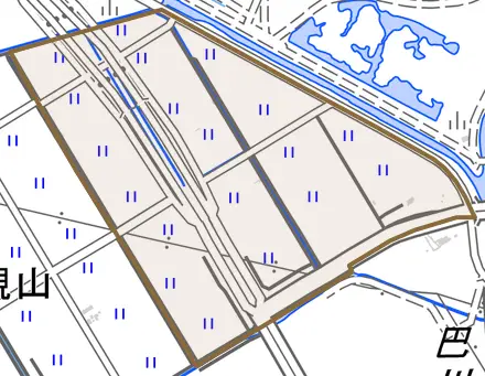 豊地とその周辺の地図。町の範囲を重ねている