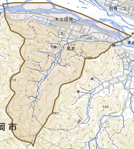 産女とその周辺の地図。町の範囲を重ねている