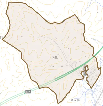 内牧とその周辺の地図。町の範囲を重ねている