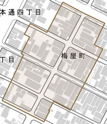 梅屋町とその周辺の地図。町の範囲を重ねている