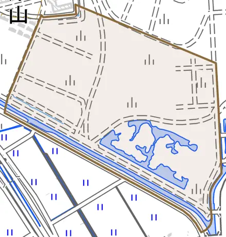 牛田とその周辺の地図。町の範囲を重ねている