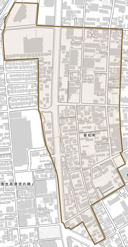 若松町とその周辺の地図。町の範囲を重ねている