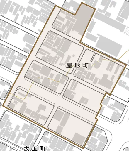 屋形町とその周辺の地図。町の範囲を重ねている