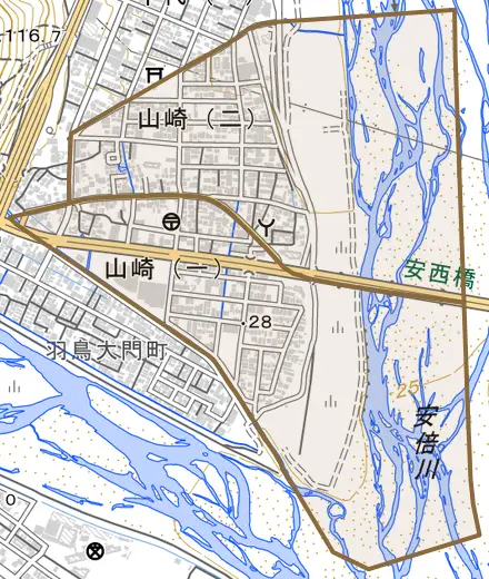 山崎とその周辺の地図。町の範囲を重ねている