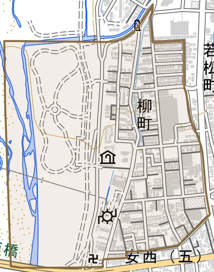 柳町とその周辺の地図。町の範囲を重ねている