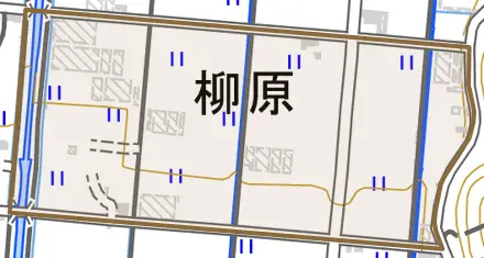 柳原とその周辺の地図。町の範囲を重ねている