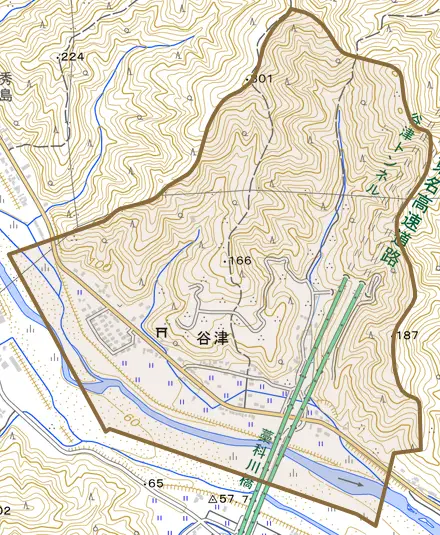谷津とその周辺の地図。町の範囲を重ねている