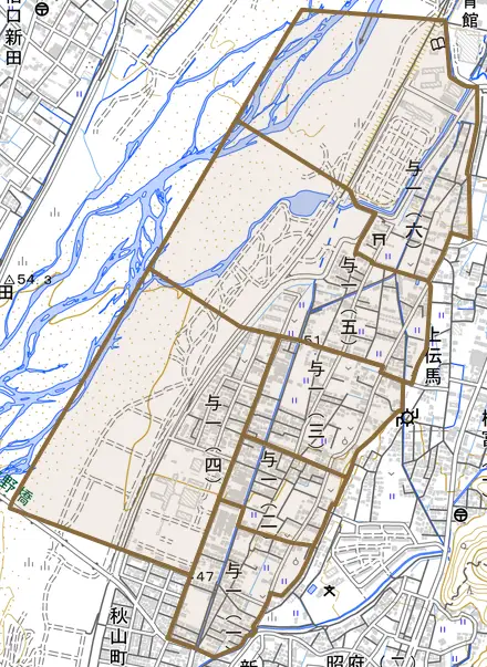 与一とその周辺の地図。町の範囲を重ねている