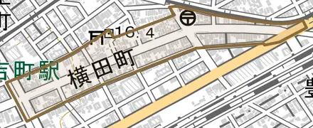 横田町とその周辺の地図。町の範囲を重ねている