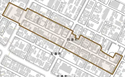 四番町とその周辺の地図。町の範囲を重ねている