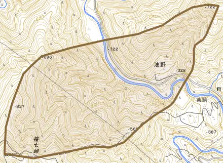 油野とその周辺の地図。町の範囲を重ねている