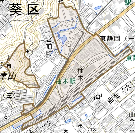 柚木とその周辺の地図。町の範囲を重ねている