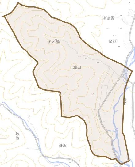 油山とその周辺の地図。町の範囲を重ねている