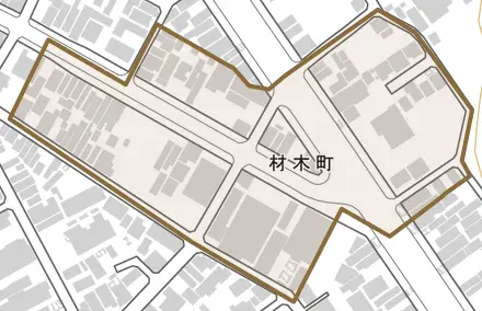 材木町とその周辺の地図。町の範囲を重ねている