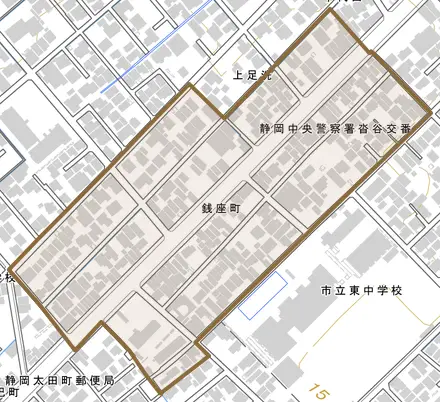銭座町とその周辺の地図。町の範囲を重ねている