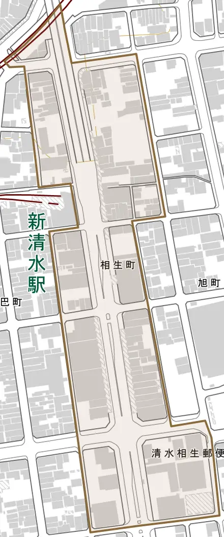相生町とその周辺の地図。町の範囲を重ねている