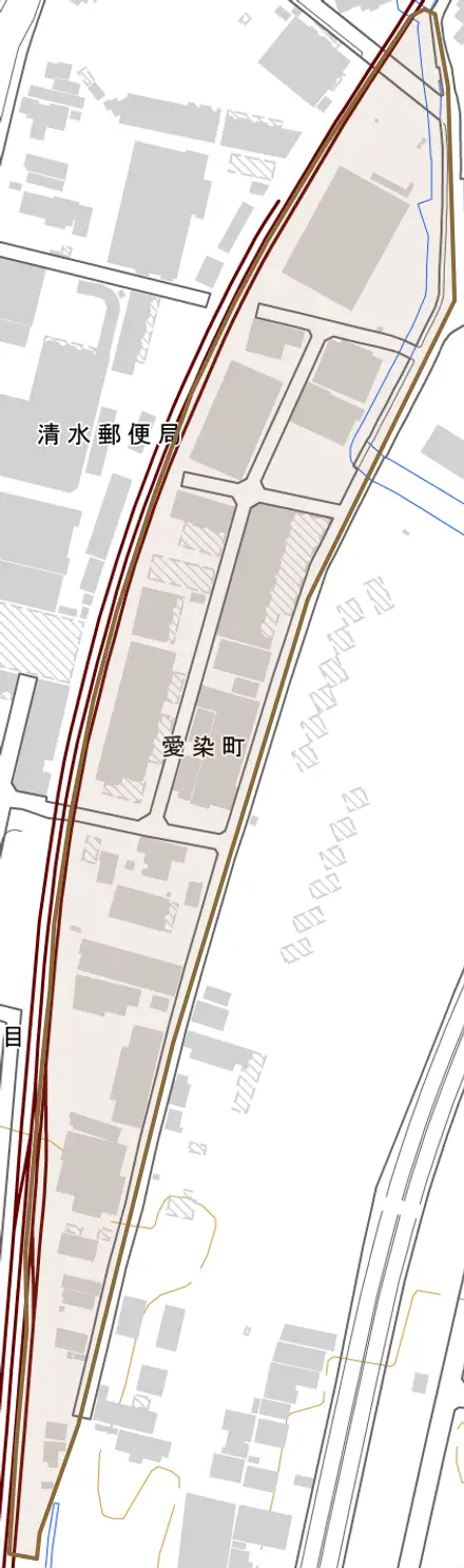 愛染町とその周辺の地図。町の範囲を重ねている