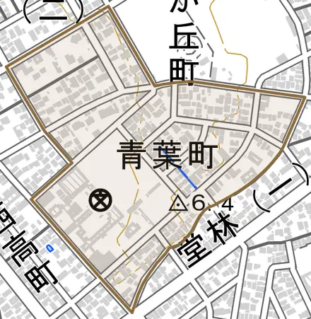 青葉町とその周辺の地図。町の範囲を重ねている
