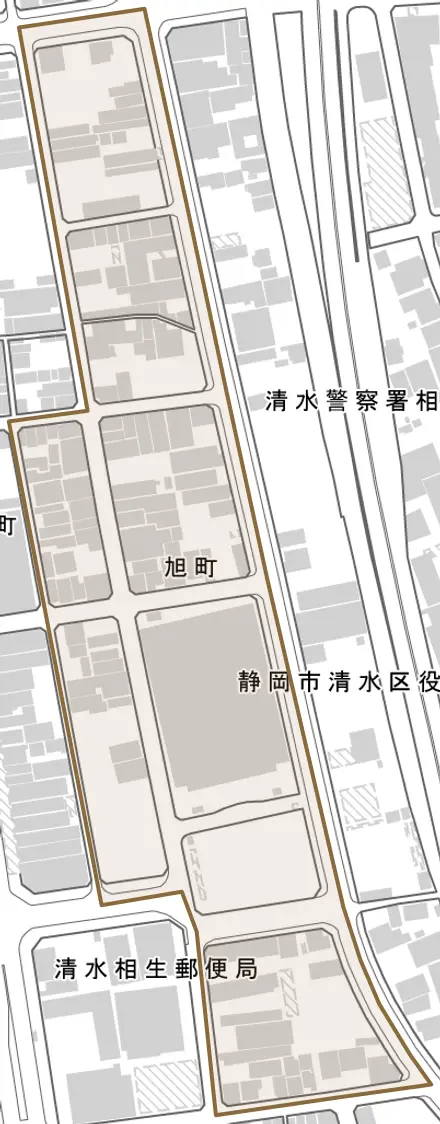 旭町とその周辺の地図。町の範囲を重ねている
