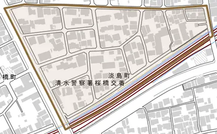 淡島町とその周辺の地図。町の範囲を重ねている
