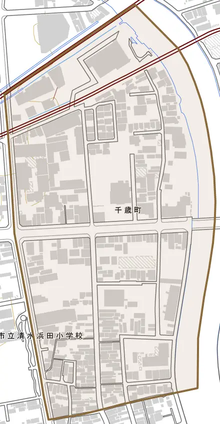 千歳町とその周辺の地図。町の範囲を重ねている