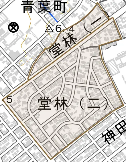 堂林とその周辺の地図。町の範囲を重ねている