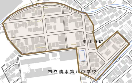 恵比寿町とその周辺の地図。町の範囲を重ねている