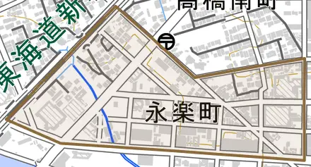 永楽町とその周辺の地図。町の範囲を重ねている