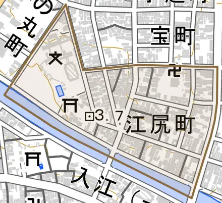 江尻町とその周辺の地図。町の範囲を重ねている
