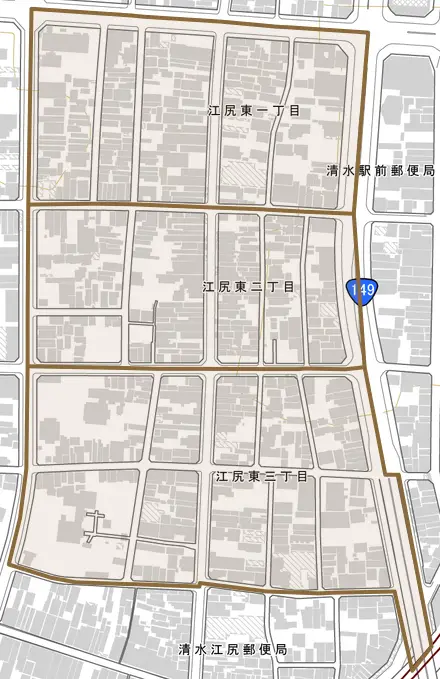 江尻東とその周辺の地図。町の範囲を重ねている